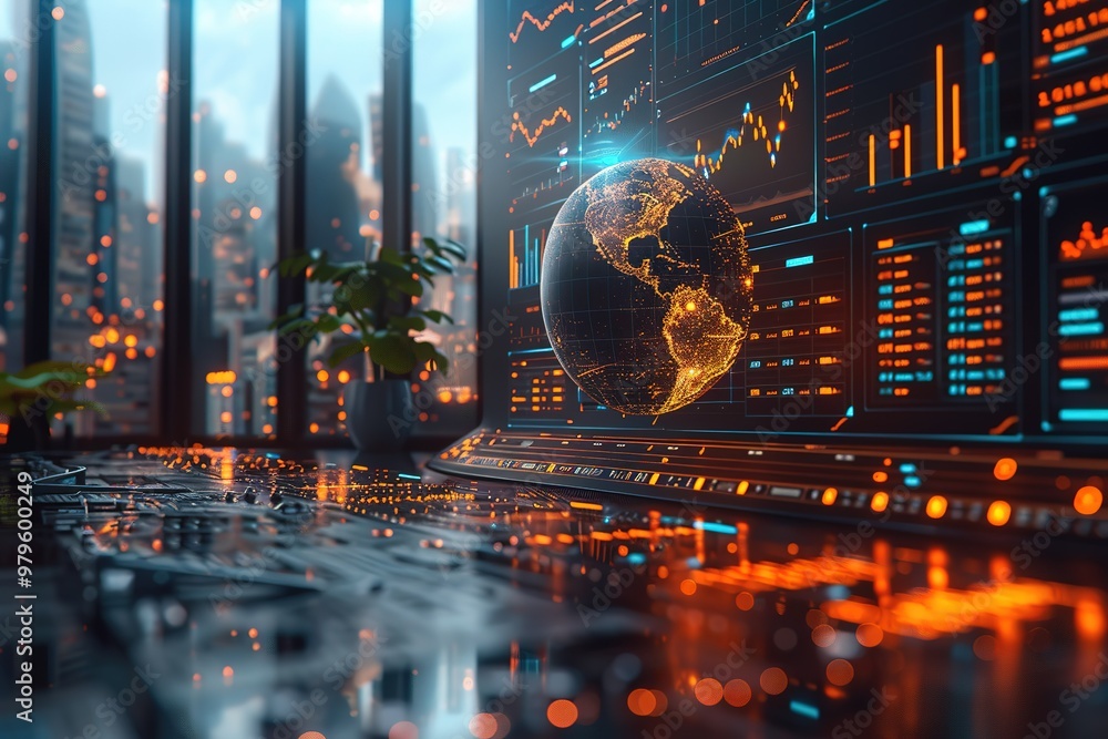 Poster a corporate office with a large digital globe in the center displaying global business data, space f