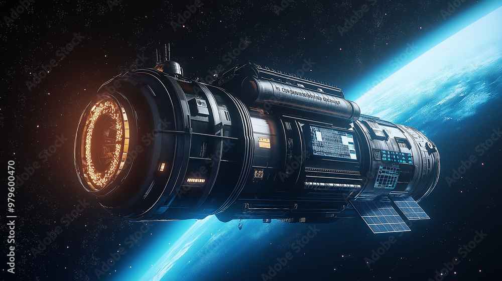 Poster futuristic spaceship orbiting planet earth with glowing engine