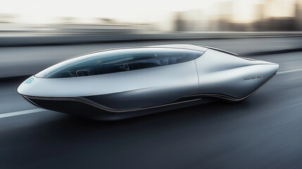 Silver autonomous electric car driving fast on the highway