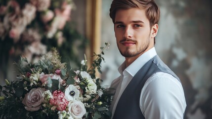 Handsome Caucasian groom in grey trousers and white shirt awaits bride with bouquet.