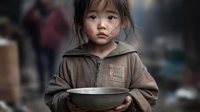 Poor little girl holding empty bowl begging for food