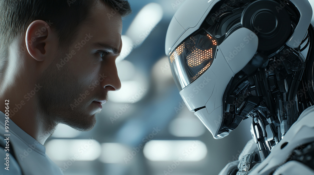 Poster engineer standing face to face with a cyborg in a research laboratory