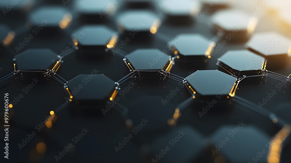 Poster abstract pattern of shiny black hexagons with golden reflections