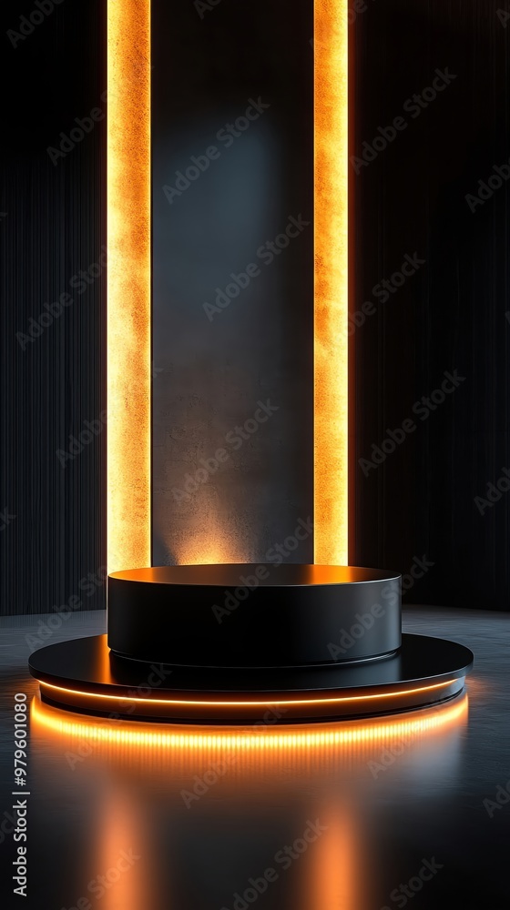 Poster modern circular pedestal with glowing edges and illuminated columns, perfect for presentations or vi