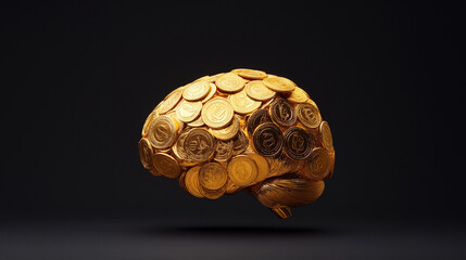 Gold brain sculpture made of coins on black background symbolizing financial intelligence wealth and economic creativity
