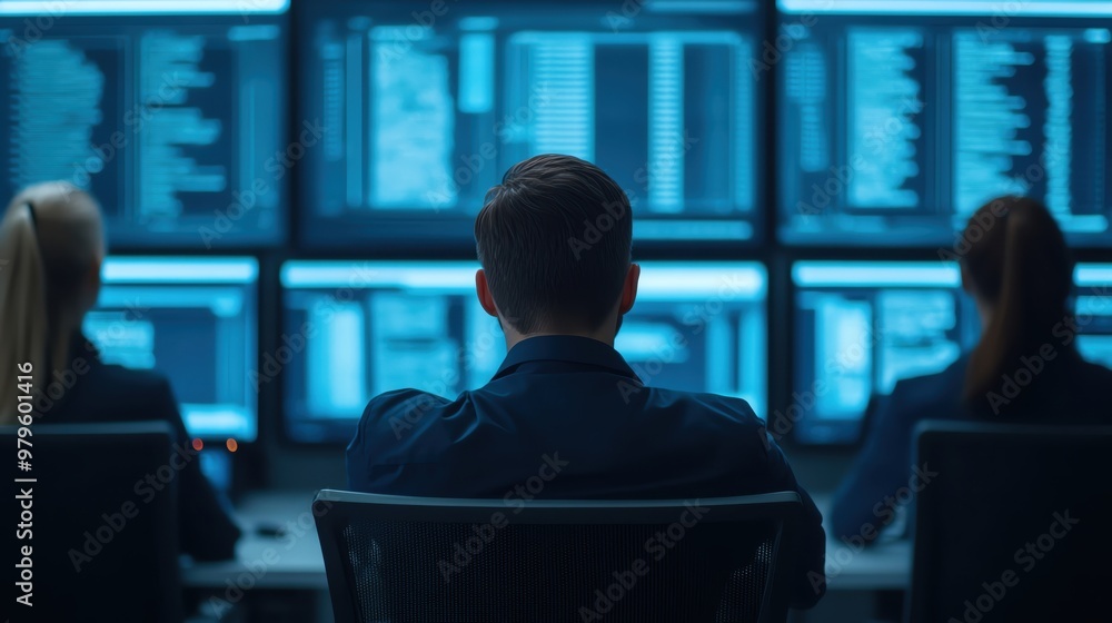 Poster professionals monitoring data on multiple screens in a modern office environment, focused on technol