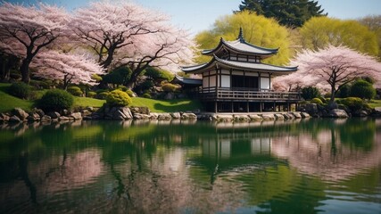 Pagoda by tranquil lake surrounded by cherry blossoms