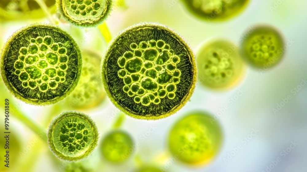 Aufkleber microscopic view of green algae cells with internal compartments