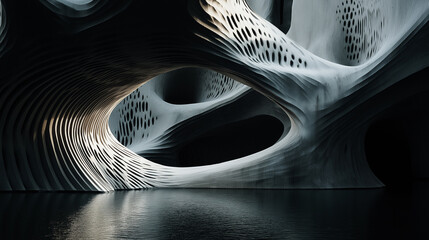 Abstract organic sculptures emerging from dark water