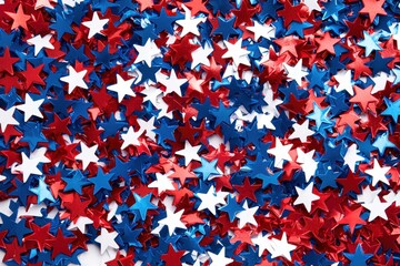 A vibrant mix of red, white, and blue star-shaped confetti, perfect for festive celebrations and patriotic events.