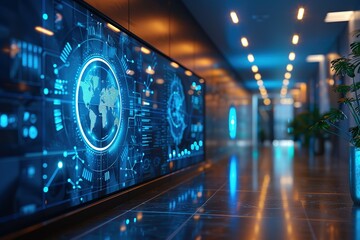 A large screen displays a futuristic world with a blue globe in the center