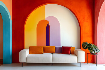 Japandi, minimalist interior design of modern living room with colorful multicolored arched wall and sofa.