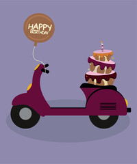 Happy Birthday Illustration with Retro Scooter and Cake,Balloon