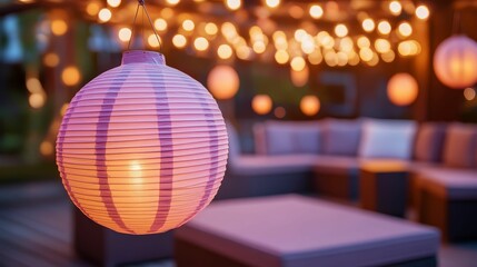 Fototapeta premium Outdoor celebration venue with string lights and lanterns hanging above, cozy seating and festive decorations, evening ambiance