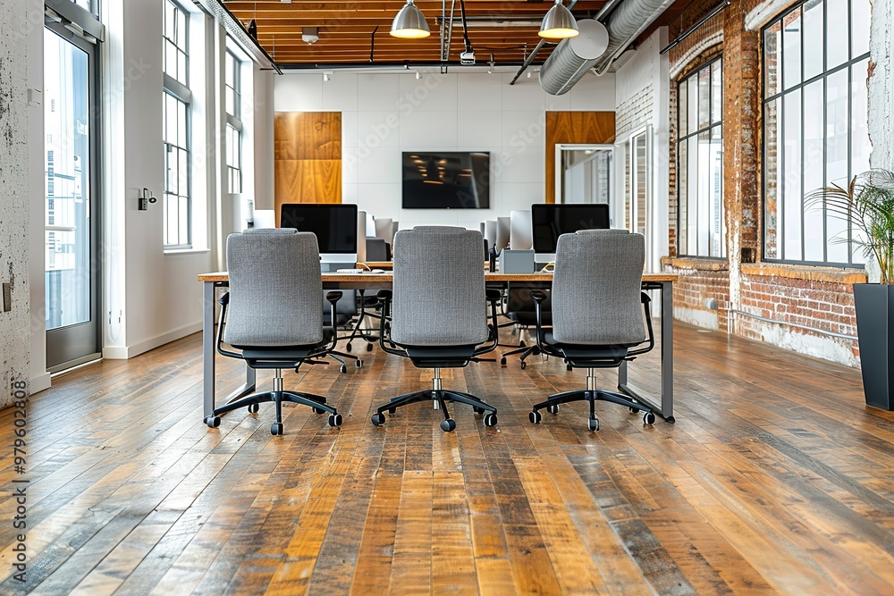 Poster a large open office space with three rows of chairs and a large flat screen tv