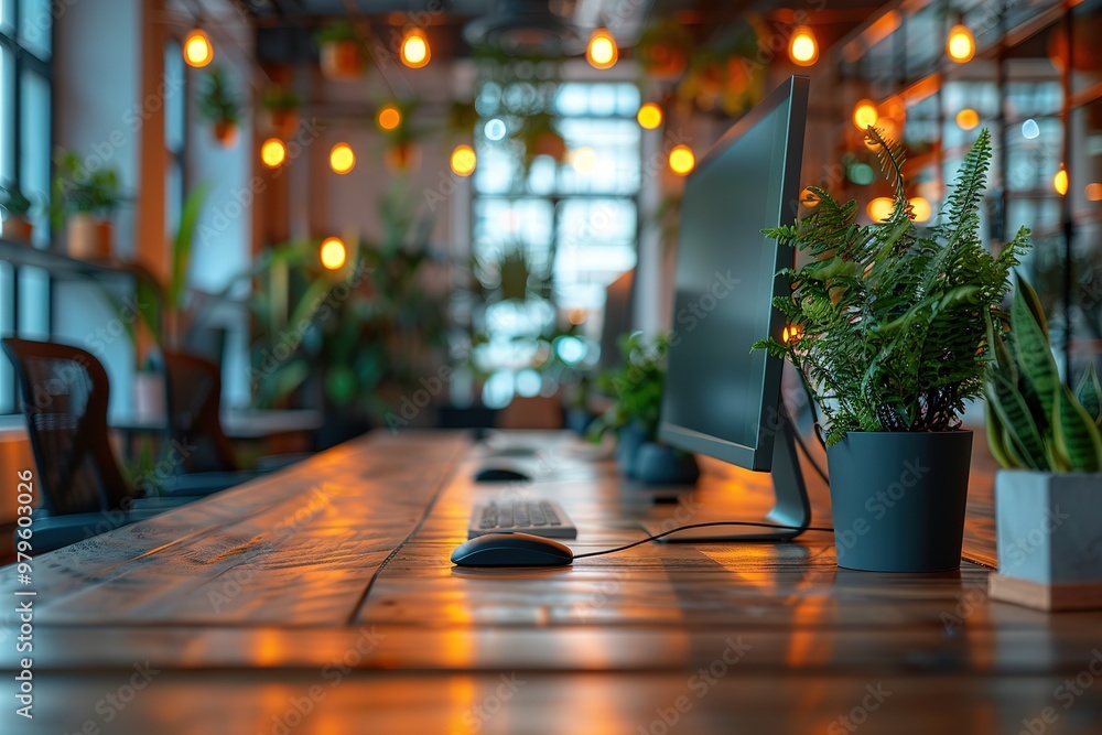 Poster a computer desk with a computer monitor and a potted plant