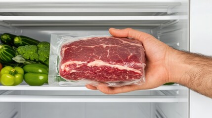 A hand grips a frozen meat package beside an open refrigerator showcasing a variety of fresh produce and meats, ready for delicious meals and cooking adventures
