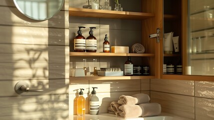 A bathroom cabinet with soap and shampoo is set up for hair care