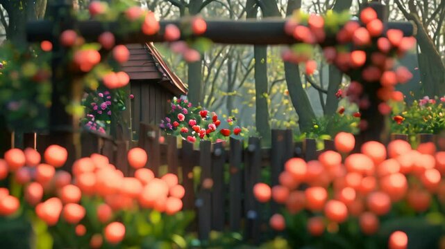 Tulips bloom in the yard of the house in the forest