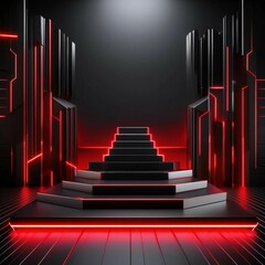 Obraz premium Futuristic Black Stage with Red Neon Highlights