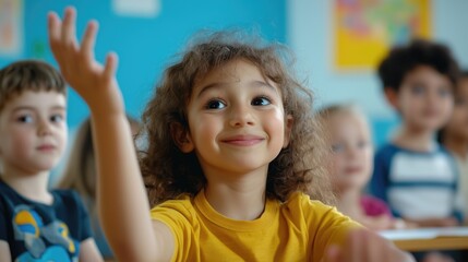 Cheerful diverse primary school children students in modern light classroom with one hand up to asnwer teacher's question