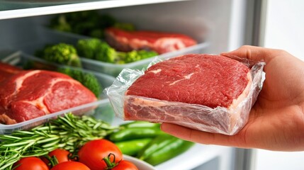 Fototapeta premium A hand grips a frozen meat package beside an open refrigerator showcasing a variety of fresh produce and meats, ready for delicious meals and cooking adventures