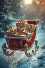 Fototapeta premium A red sleigh filled with gift boxes adorned with golden ribbons, set against a backdrop of snowflakes and blurred lights, capturing the essence of the holiday season