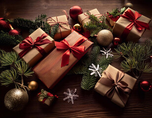 Christmas gift box with festive decorations on wooden background.