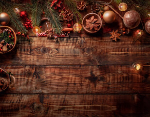 Rustic themed Christmas backdrop with festive decorations, including wooden accents and warm colors.