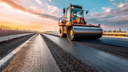 road roller on a pavement road