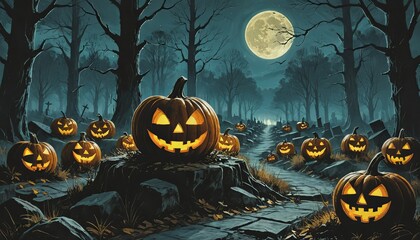 Fototapeta premium Halloween night pumpkin in the forest cemetery, 2d drawing, painting
