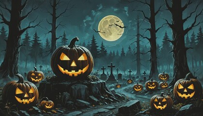Halloween night pumpkin in the forest cemetery, 2d drawing, painting
