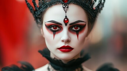 Fototapeta premium Woman with vampire queen makeup, intricate red and black designs, regal Halloween style