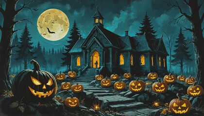 Halloween night pumpkin in the forest cemetery, 2d drawing, painting