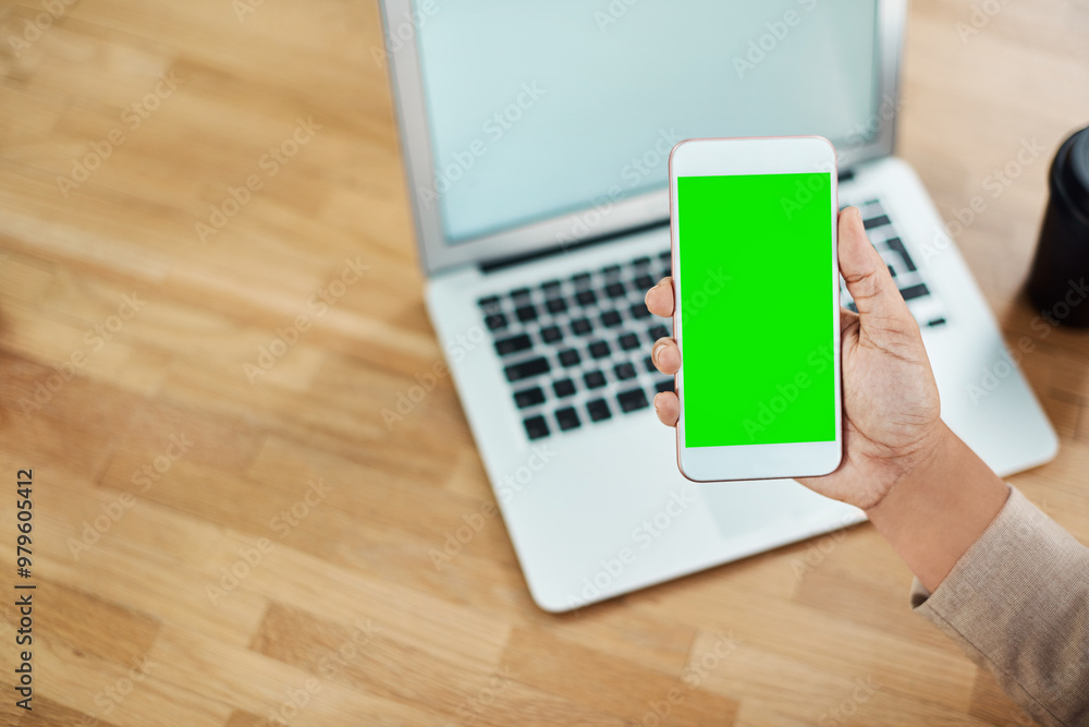 Sticker Hand, cellphone and green screen in office with display for mockup, ui and web at company. Person, phone and space for user experience on mobile app, chromakey or connection on internet at workplace