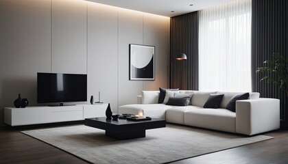 Fototapeta premium A modern, minimalist living room with a clean and elegant design, a sofa, and a bed, white minimal modern color 