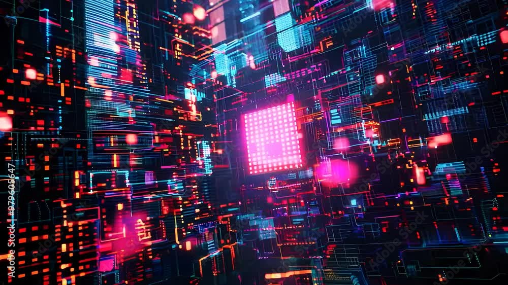 Poster futuristic digital circuit board with glowing pink and blue elements highlighting advanced technolog