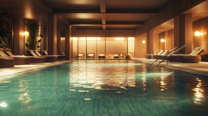 Obraz premium Swimming pool in luxury hotel resort at night. View from the water with rattan loungers and warm lights, Nobody. 