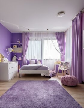 interior Purple kids cute bedroom with furniture and carpet floor.