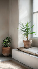 Fototapeta premium a serene home apartment coffee relax corner that blends Japandi style ,featuring a wooden chair, a round table, and potted plant 