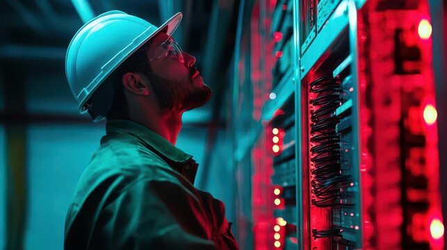 Technician installing firewalls on cloud-based applications and storage infrastructure Emphasizes compliance with cybersecurity standards