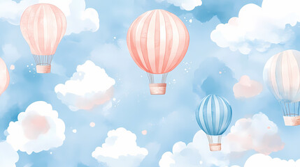 Obraz premium A whimsical watercolor pattern of hot air balloons floating above a sky filled with clouds, with a pastel color palette and playful details adding charm to the scene. Pastel Palette. Illustration
