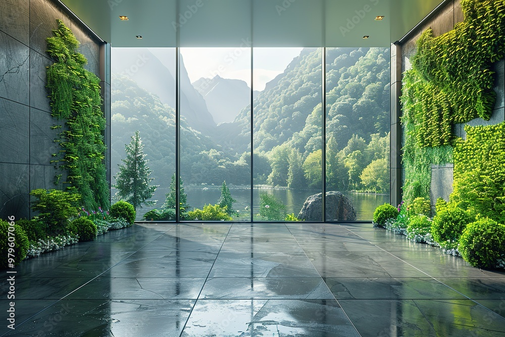 Aufkleber a large room with a view of a forest and a lake