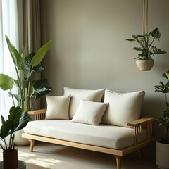 a serene living room corner in a small, minimal apartment, featuring a sofa, TV counter, and bookshelf, all while embracing Wabi-Sabi Japandi design principles