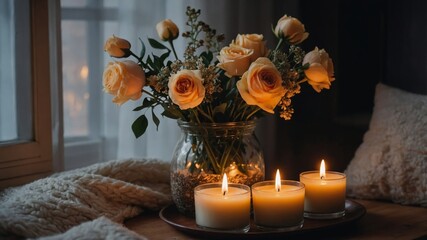 Scented candles and fresh flowers creating hygge atmosphere