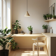 Fototapeta premium An appealing kitchen corner in an apartment, blending Japandi style with practicality, and incorporating the washing machine seamlessly into the space. and minimal style dining table 