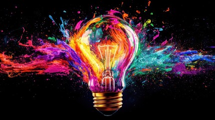 Exploding light bulb with colorful paint splash