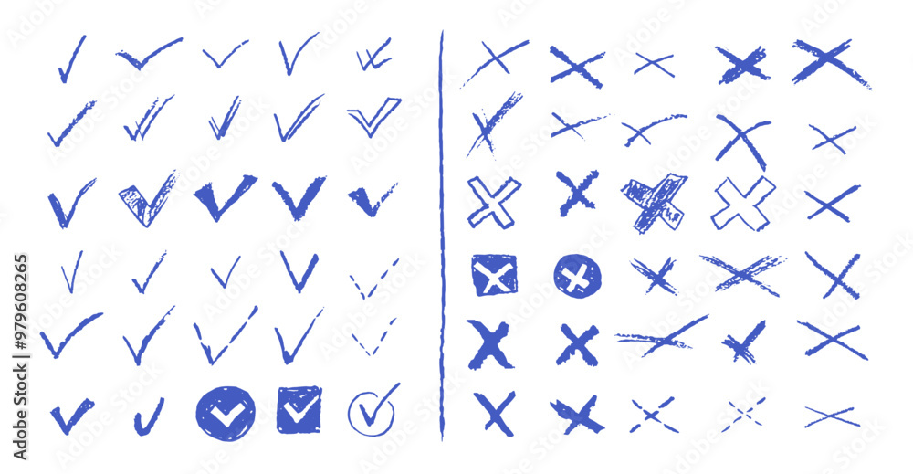 Poster set of ticks and crosses for to do list or vote. vector elements for yes or no answering test questi