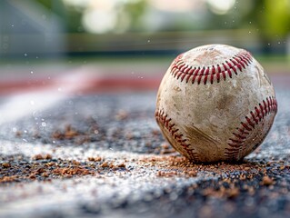 A weathered baseball sits on a dusty field, with a blurred background of a baseball diamond.