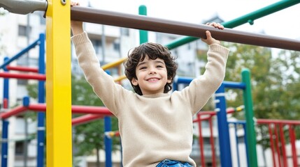 A joyful Hispanic boy hangs from the monkey bars in a playground, smiling brightly as he plays. The vibrant outdoor setting adds to the fun and excitement of his day
